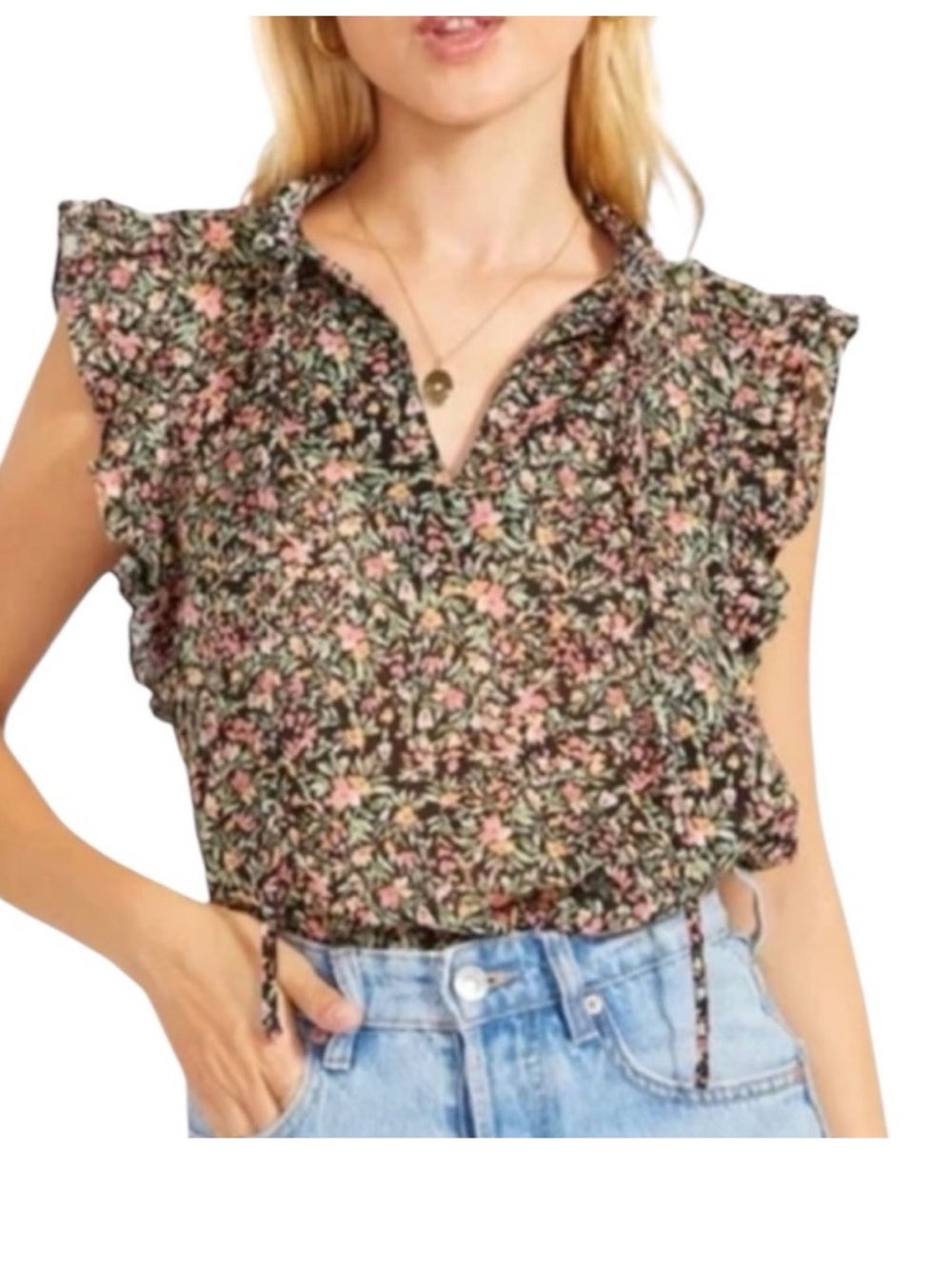 BB Dakota Floral Ruffle Cap-Sleeve 100% Cotton Blouse. Size Small.